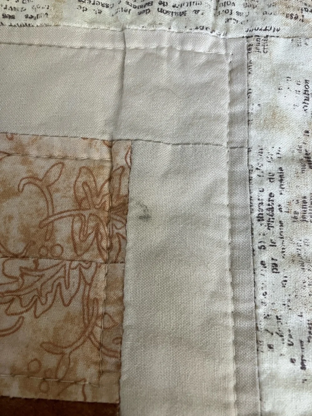 Handmade Rustic Patchwork Log Cabin Quilt Throw 45”x44”- Brown, Cream & Green